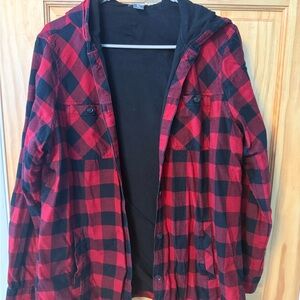 Women’s red and black plaid, double-lined hooded flannel